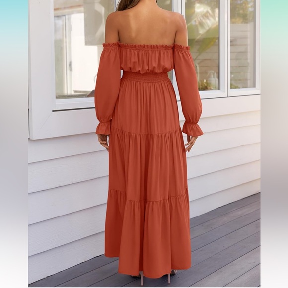Off Shoulder Long Sleeve Smocked High Waist Side Split Flowy Long Maxi dress - Picture 2 of 7